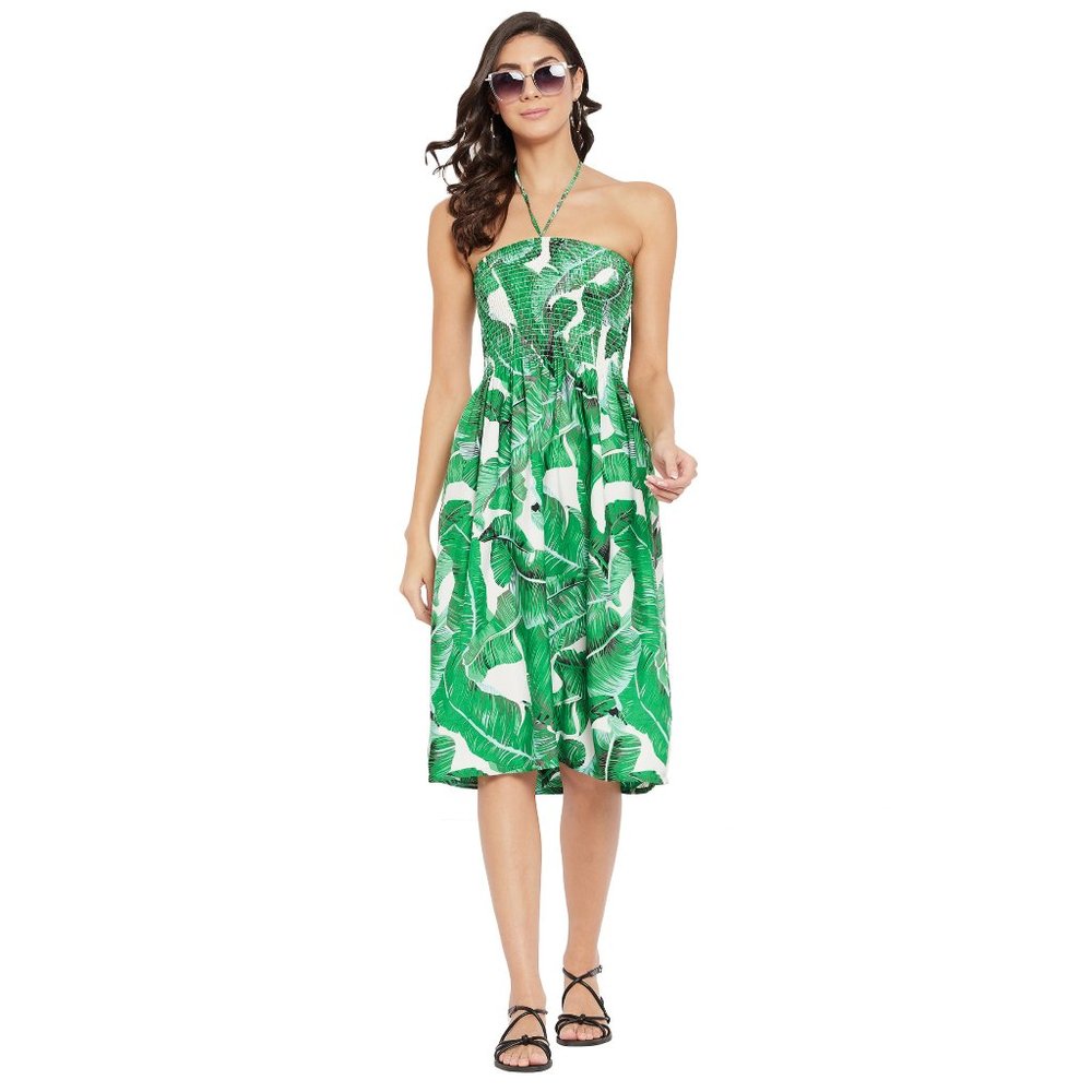 Green Strapless Tropical Print Dress